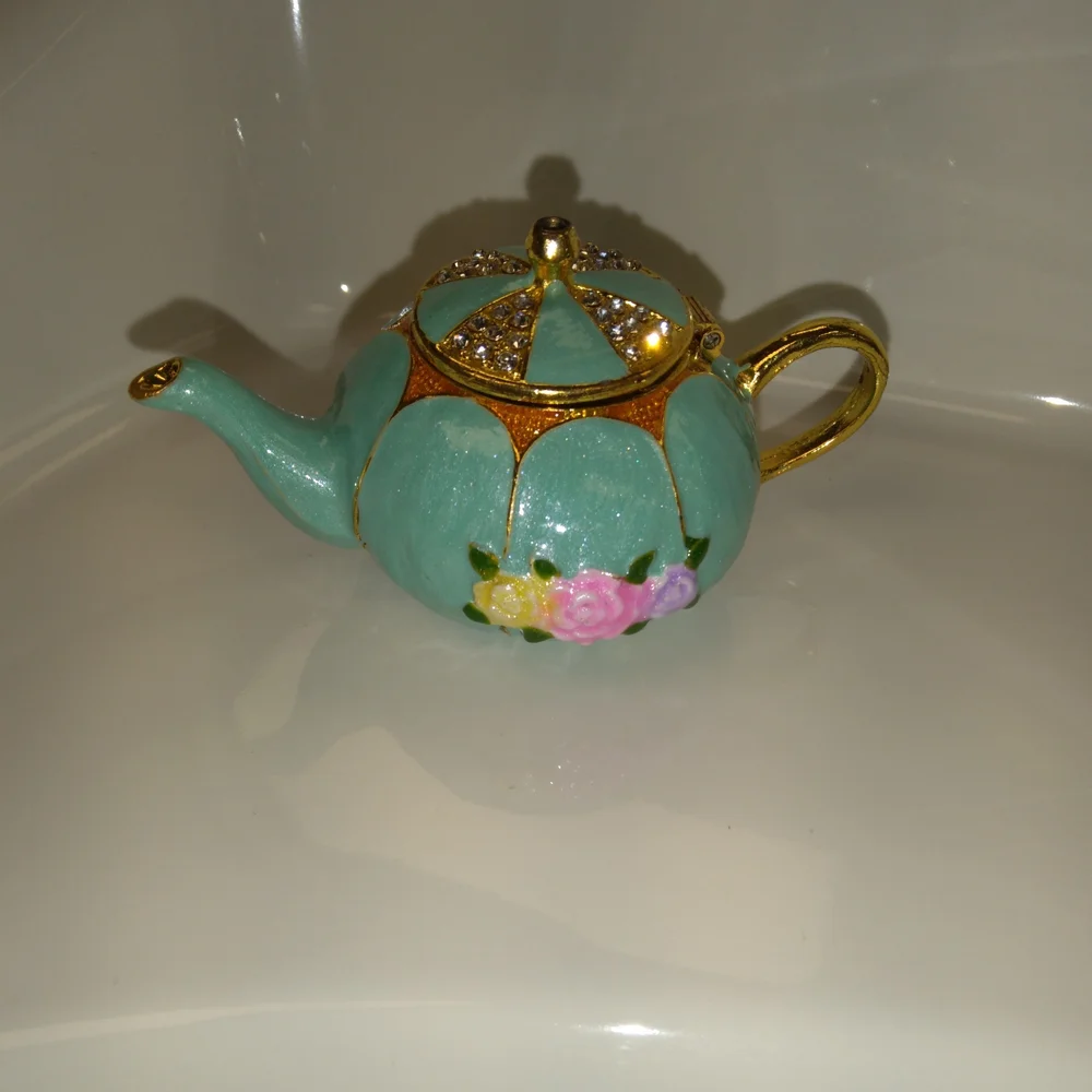 Floral Gold and Blue Teapot Jewelry Trinket